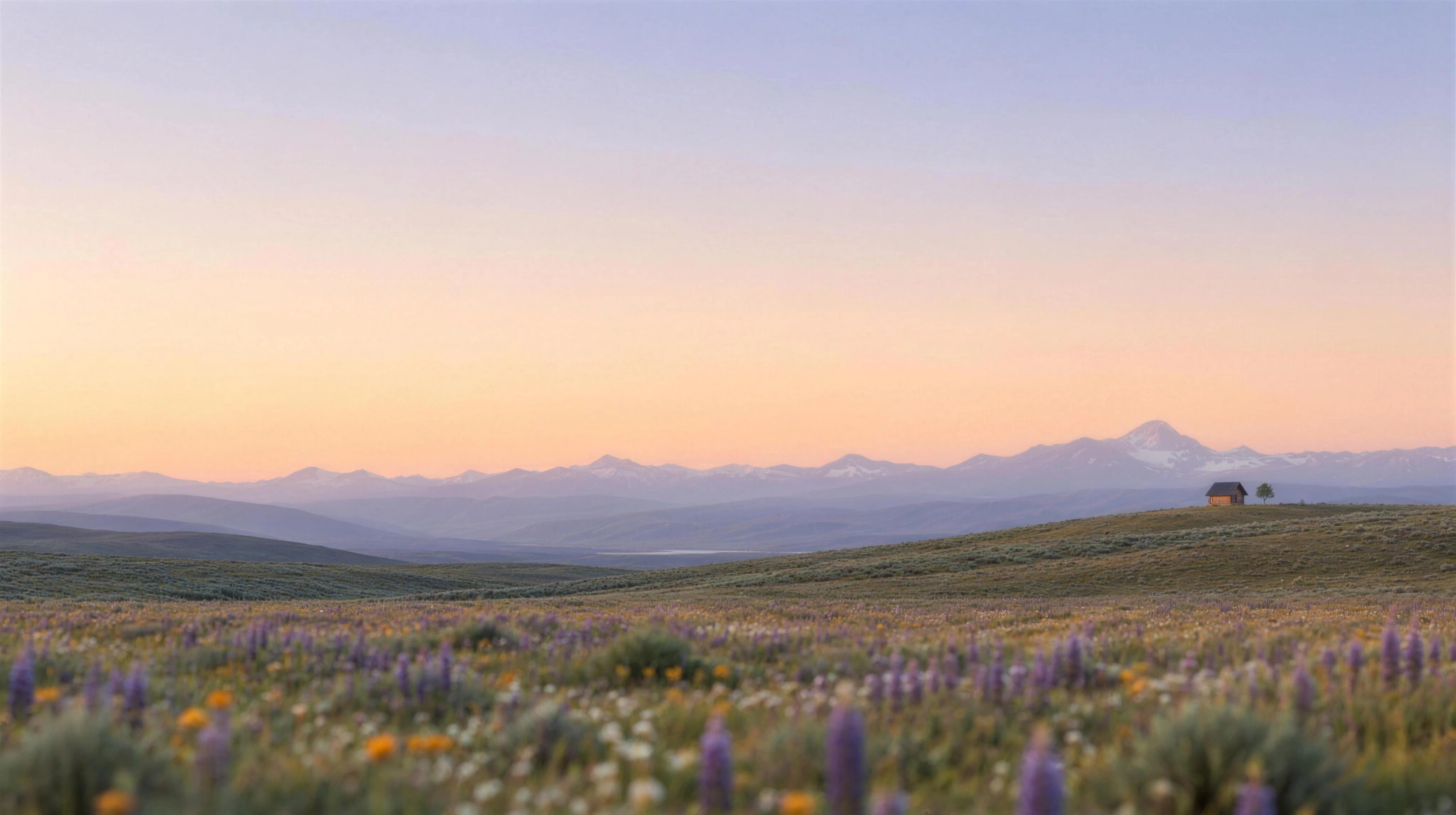 Campo de la Patagonia al amanecer, con una cabaña chiquita a lo lejos