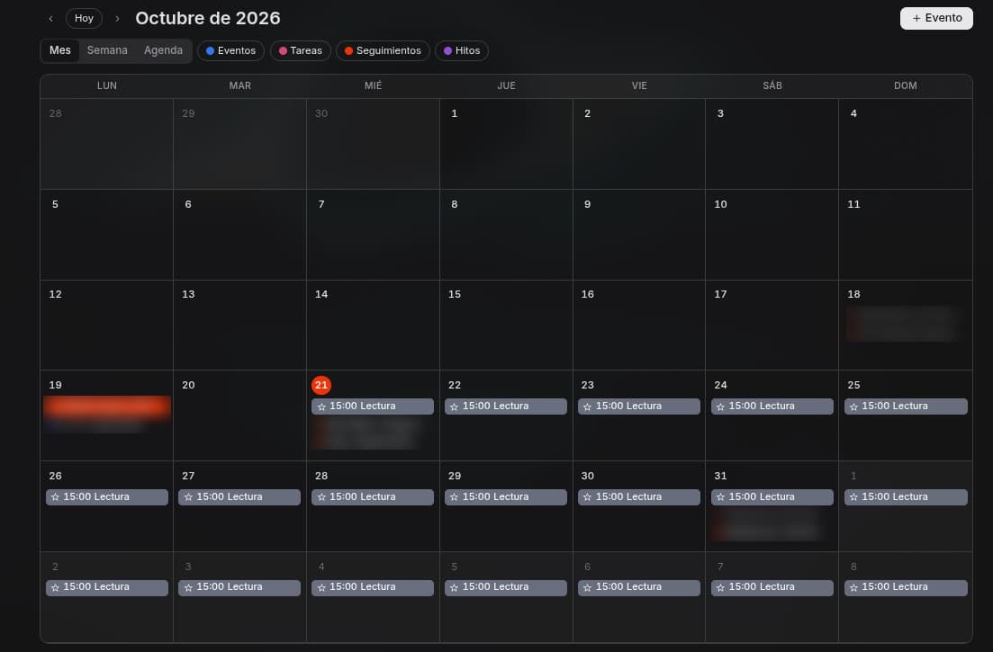 Calendario de la app de Loyca