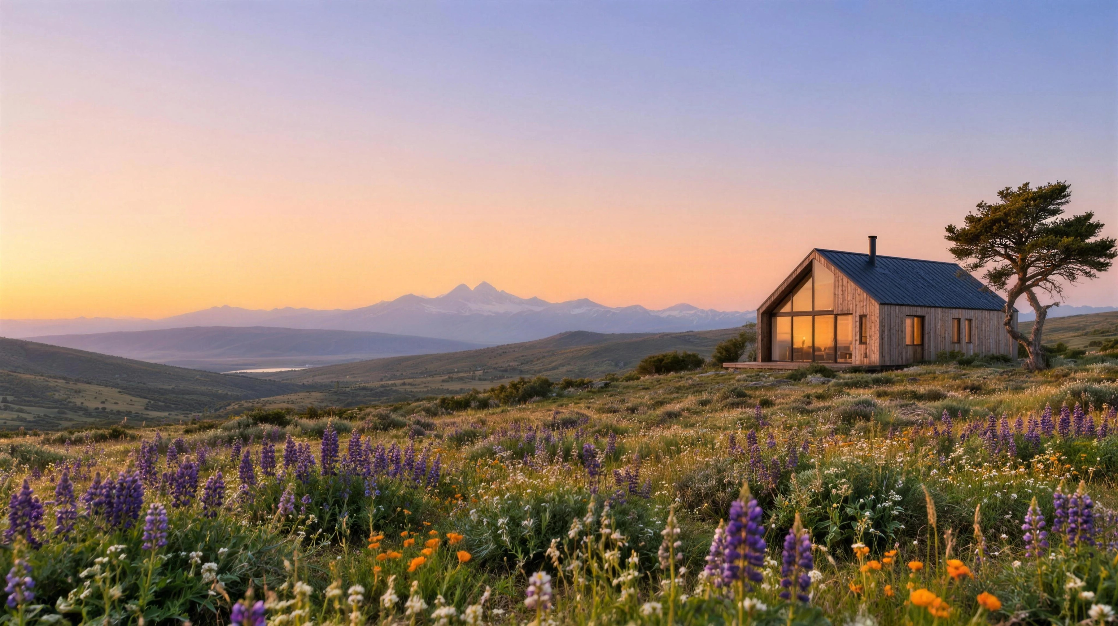 Cabaña de madera en el campo patagónico al amanecer